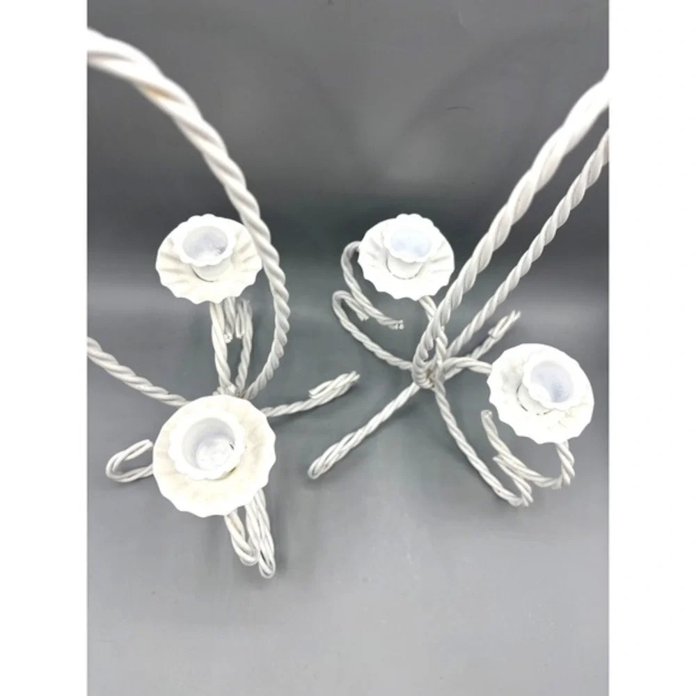 Vtg White Metal Twisted Wire Double Candle‎ Holders Set of 2 Cottagecore Decor